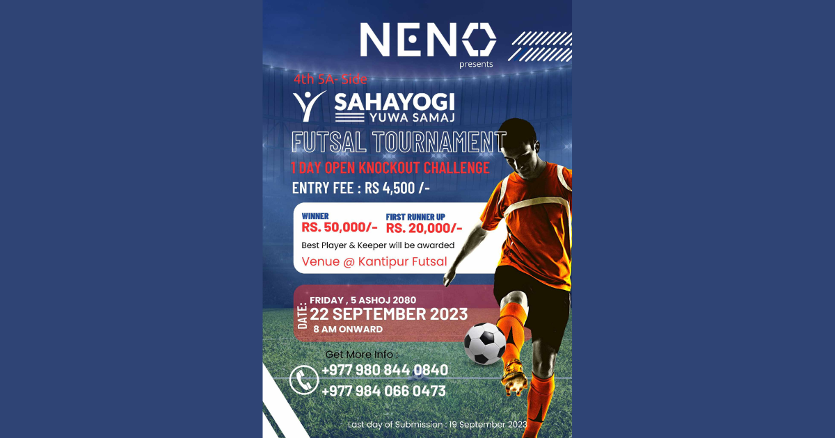 4th Sahayogi Yuwa Futsal Tournament is happening on September 22, 2023, at Kantipur Futsal. Don't miss out on this action-packed event.