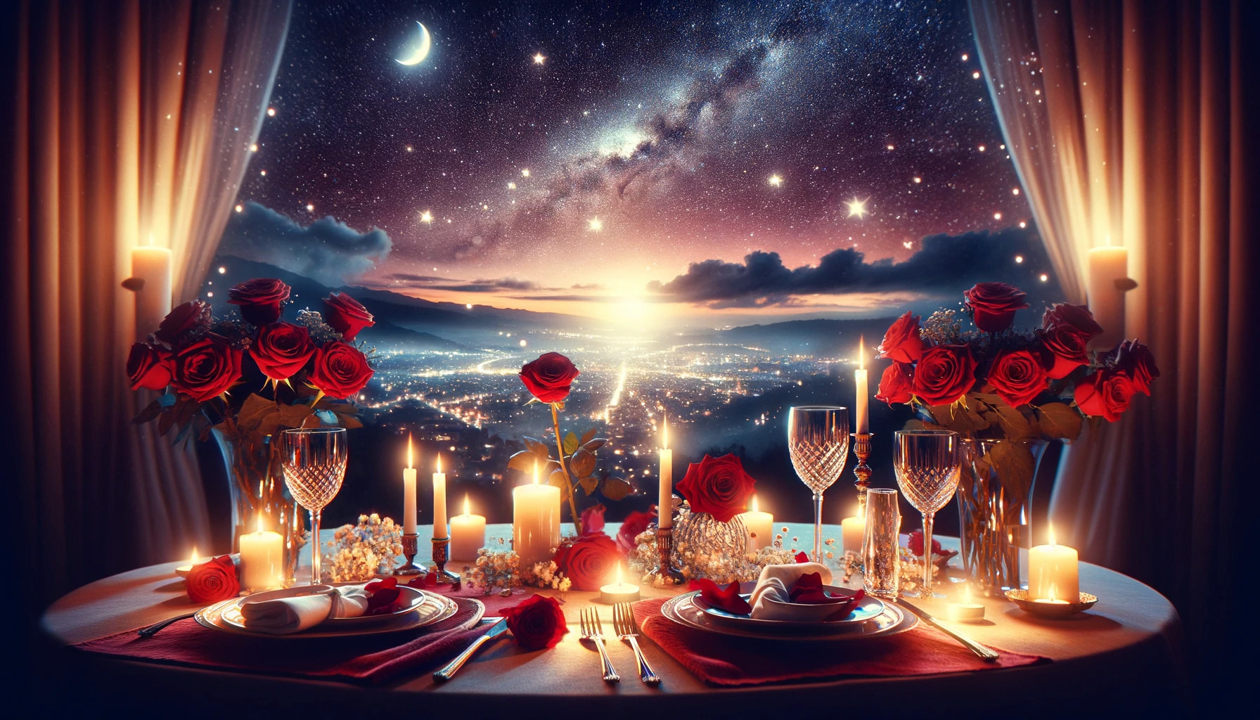 Romantic Valentine's Day scene featuring a candlelit dinner for two, with a stunning view of the night sky filled with stars and the soft glow of city lights in the distance. The table is elegantly set with red roses, fine china, and sparkling crystal glasses, creating a warm and intimate atmosphere perfect for celebrating love.